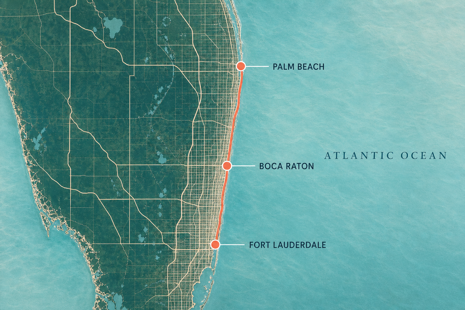 Map of South Florida showing the Premier Beaches service corridor from Palm Beach through Boca Raton to Fort Lauderdale